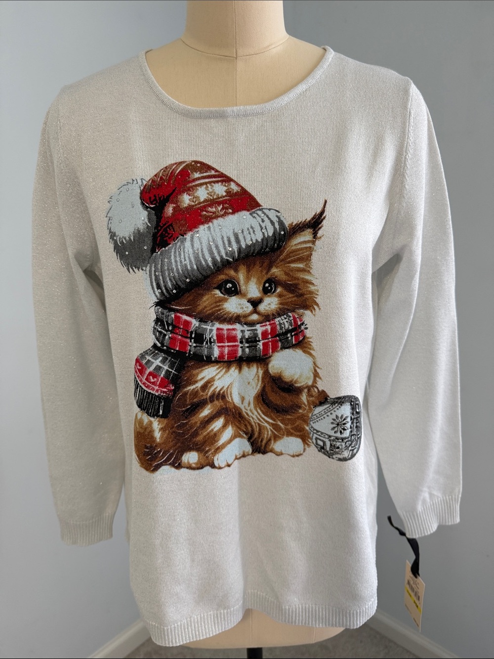 Emaline Petite Holiday Item Round Neck Kitten Sweater Silver SZPM